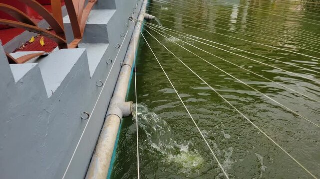 Aerating water  in a fish pond by dropping water from pipe 