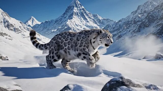 Snow leopard running powerfully through a mountainous landscape
