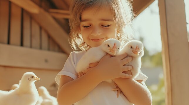 A young girl is holding two baby chicks in her arms