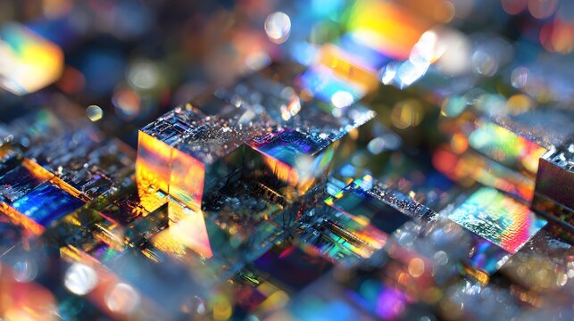 虹色に輝くマイクロチップ構造のマクロ背景｜半導体・AI・量子技術イメージ
Iridescent microchip structure macro background, semiconductor AI and quantum technology concept
