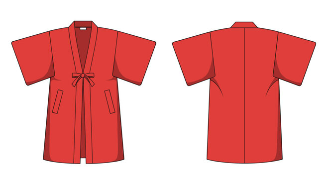 Traditional Japanese red kimono or happi coat shown from both the front and back views with a tied waist cord.