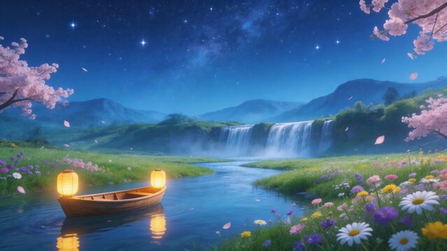 Lantern boat under starry sky near waterfall