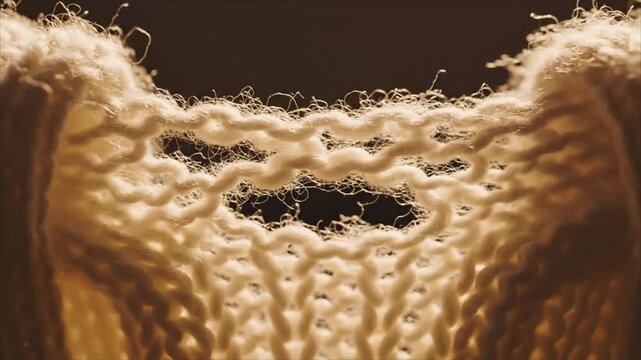 Intricate close-up of delicate knitted fabric showing a unique pattern of stitches and unraveling threads, highlighting the soft texture and craftsmanship of textile art