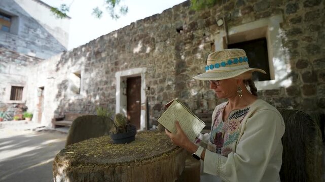 Mature woman explores San Ignacio in Baja California, appreciating the history and beauty of Mission Church and surrounding areas.
