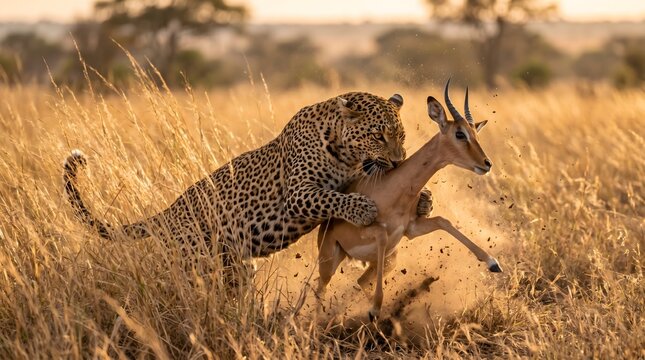 Leopard Ambushing Impala in African Savanna at Golden Hour &ndash; Wildlife Action Scene 01