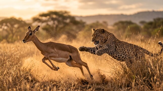 Leopard Ambushing Impala in African Savanna at Golden Hour &ndash; Wildlife Action Scene 02