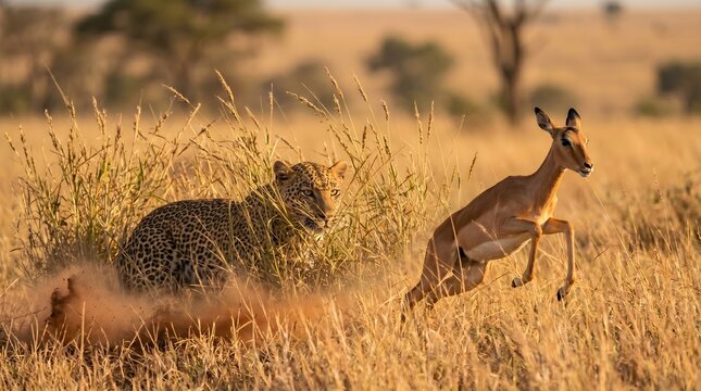 Leopard Ambushing Impala in African Savanna at Golden Hour &ndash; Wildlife Action Scene 04