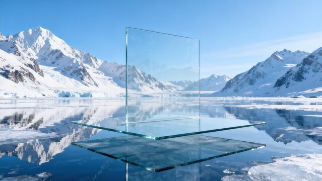 Glass panels in snowy mountain lake