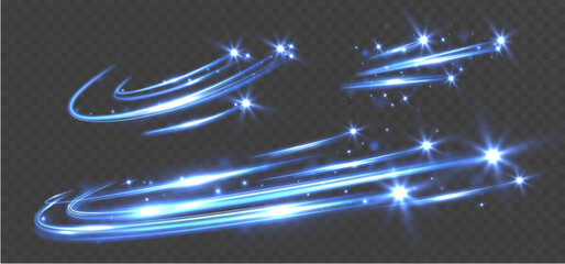 Blue glowing magic light trail with sparkling stars and neon wave isolated on transparent background for fantasy and festive design.  © NAUM