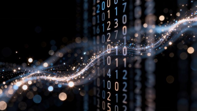 Digital binary code with glowing wave