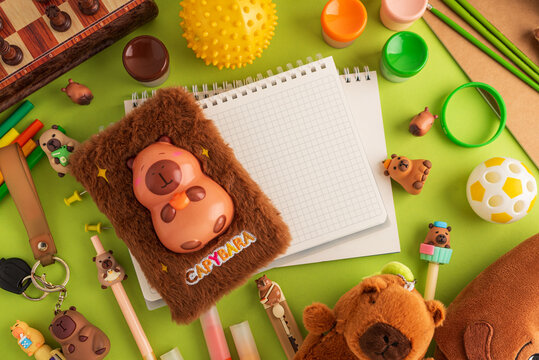 Playful School Capybara Themed Supplies Flat Lay