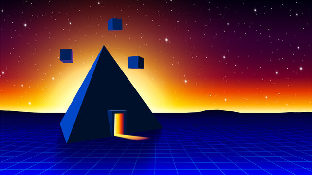 Surreal retrowave or synthwave pyramid with glowing entrance portal and floating cubes on neon grid landscape