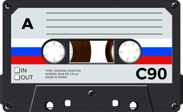 Cassette with retro label as Russia flag, vintage object for 80s revival mix tape design