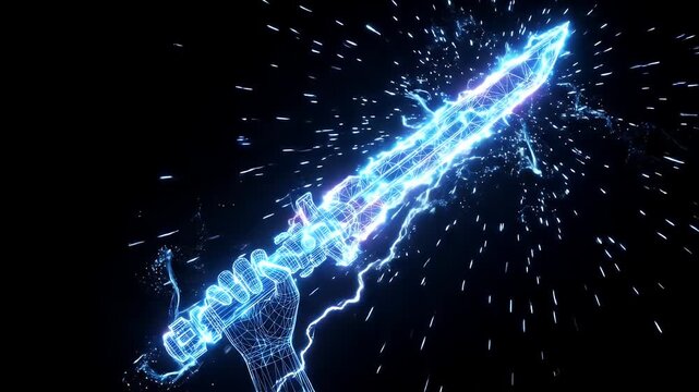 A digitally video wireframe hand holds a glowing energy sword, illuminated in vibrant blue and purple hues.