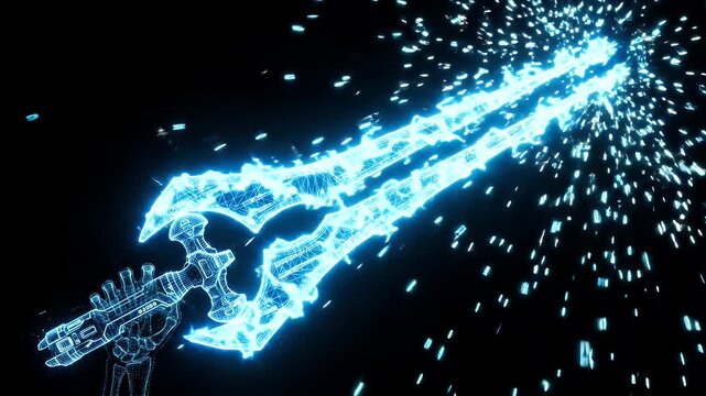A futuristic digital wireframe energy sword, video in vibrant blue, glows intensely against a stark black background.