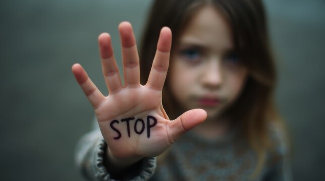 Girl holds out hand with STOP written on her palm to raise awareness for child protection and request for help 
