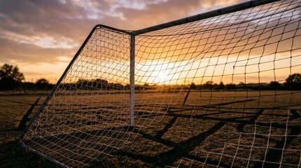 Fototapeta premium Soccer goal at sunrise with orange sky sport event early morning golden hour