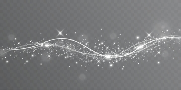 Elegant sparkling wave light trail with glowing particles and glitter stars isolated on transparent background for fantasy and festive designs.
