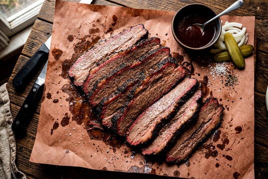 Slow Smoked BBQ Beef Brisket Slices Overhead View