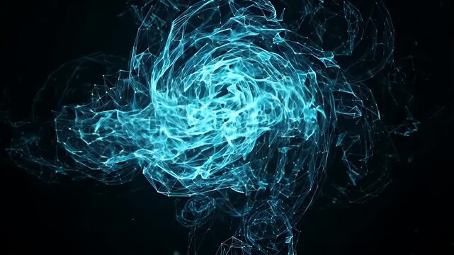This video features a vibrant blue digital wireframe simulation of swirling smoke or fluid against a deep black background.