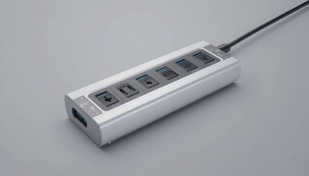 Modern aluminum power hub with multiple USB ports and universal sockets, connected by a cable, designed for efficient charging and connectivity on a clean background