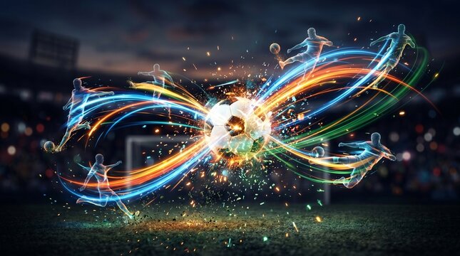 Futebol com jogadores e efeitos de luzes em formato de infinito.