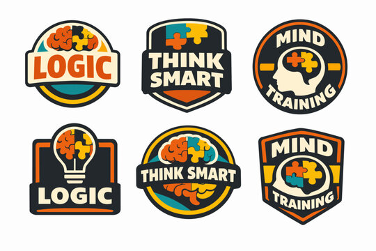 Brain puzzle logo set illustrating mind training logic