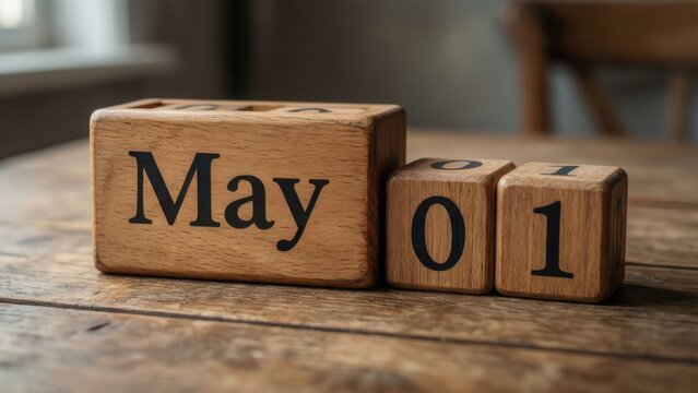 Wooden calendar blocks with may and 1 on a table 
