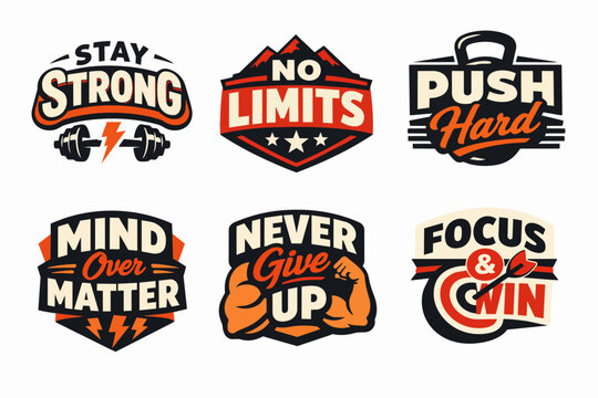 Fitness workout motivation quotes and gym badges set