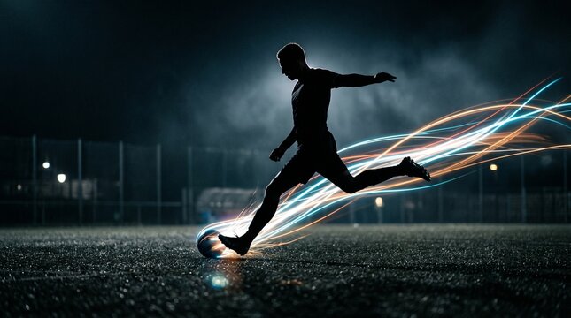 Silhueta de jogador de futebol chutando a bola com rastros de luz.