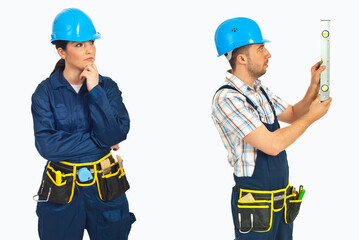 Fototapeta premium Worker holds level, checking height