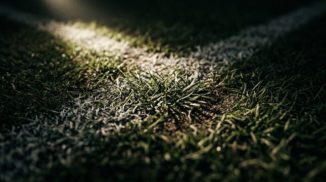 Gramado de campo de futebol com linha de marca&ccedil;&atilde;o sob luz.