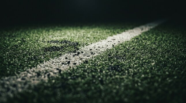 Close-up da linha de gramado de campo de futebol &agrave; noite.