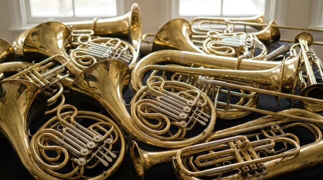 A close-up view of a group of shiny brass musical instruments, including French horns and trombones.