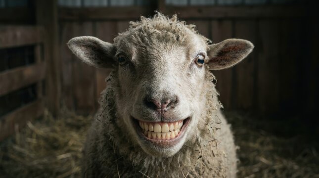 A sheep with a wide, human-like smile is looking directly at the camera in a dimly lit barn.