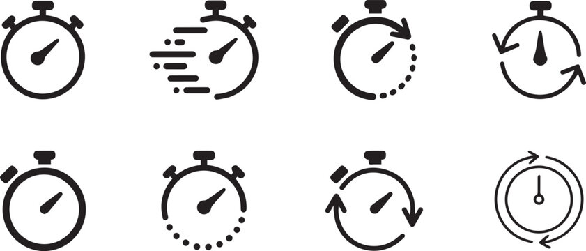 Stopwatch timer icons set with speed, countdown, and cycle arrows in outline and solid styles