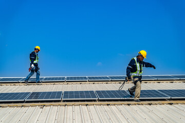 Fototapeta premium A professional technician in safety gear standing on a rooftop, preparing electrical wiring for a solar panel installation under a clear blue sky.