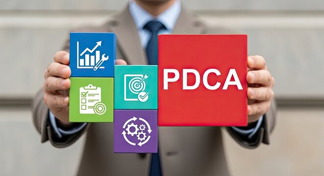 Businessman presenting PDCA cycle concept with colorful blocks and icons for planning, strategy, and improvement in a professional setting with a blurred background