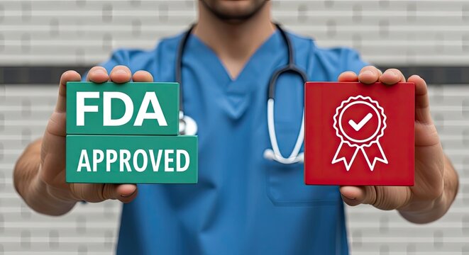 Medical professional holding FDA approved and quality check mark signs in hands for healthcare or medicine concept