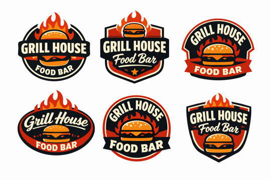 Grill house food bar logos collection with burgers and flames