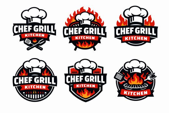 Set of chef grill kitchen restaurant logos