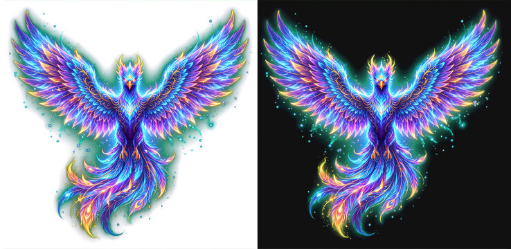 Vibrant phoenix with colorful wings of light isolated on transparent background