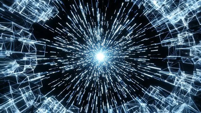 A vibrant light source emits numerous particles and lines, expanding outward from the center on a black background.