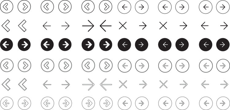 Arrow icon set navigation symbols left right directions UI buttons vector outline and filled styles