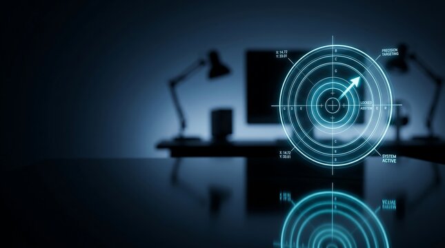 Futuristic interface with glowing blue target on a dark desk with office equipment