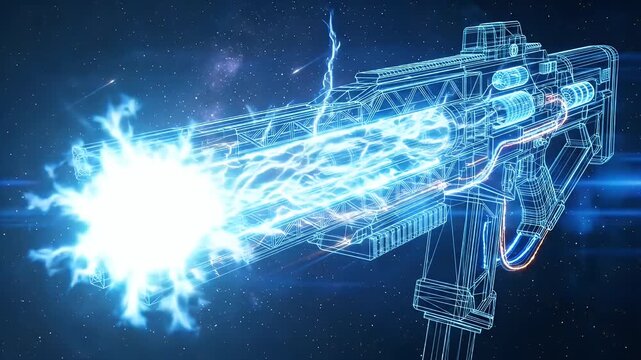 A futuristic wireframe railgun weapon glows intensely with blue energy and electrical arcs, indicating a powerful charging or firing sequence.
