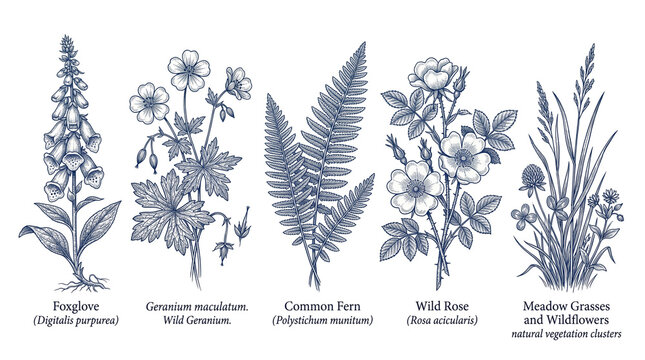 Vintage botanical illustrations of foxglove, wild geranium, common fern, wild rose, and meadow grasses, antique blue ink floral sketches isolated PNG with Transparent Background