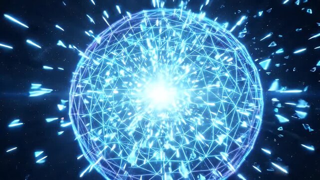 A vibrant, glowing blue wireframe sphere with a brilliant energy core radiates light. The spherical barrier appears to be expanding or shattering, dispersing numerous triangular fragments outwards