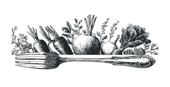 Fresh vegetables and fork illustration depicting healthy organic produce and kitchen utensils in a vintage engraved style for culinary themes.