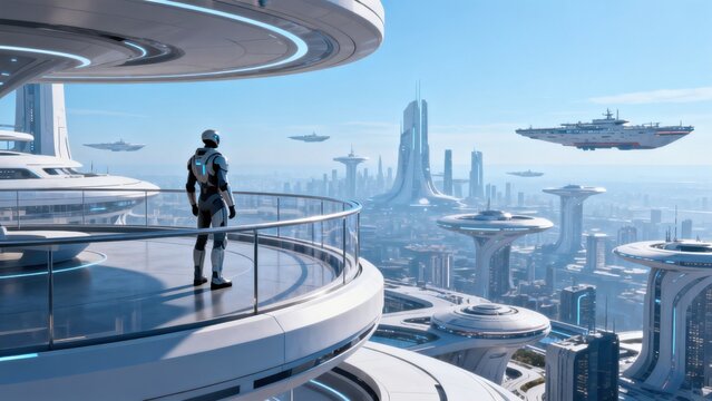 Futuristic cityscape with astronaut